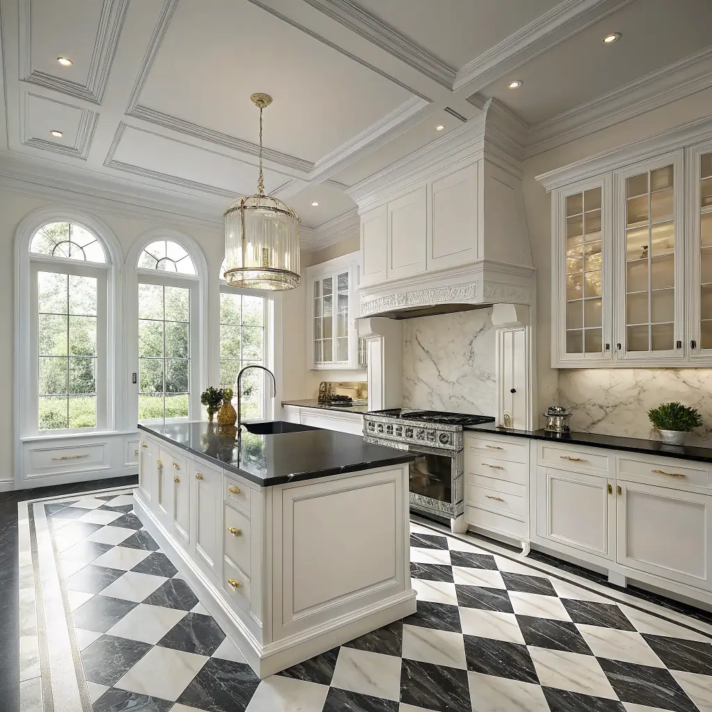 Photorealistic black-and-white neoclassical kitchen with pearl white inset cabinets, deep charcoal island with brass pulls and Carrara top, checkerboard marble floor, plaster range hood, and brass lantern in late morning window light.