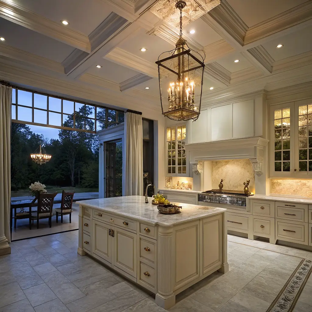 Neoclassical kitchen at dusk with brass lantern chandelier over Carrara marble island, recessed and under-cabinet lighting on ivory cabinets, brass sconces by plaster range hood, and twilight blue visible through sheer-curtained windows.