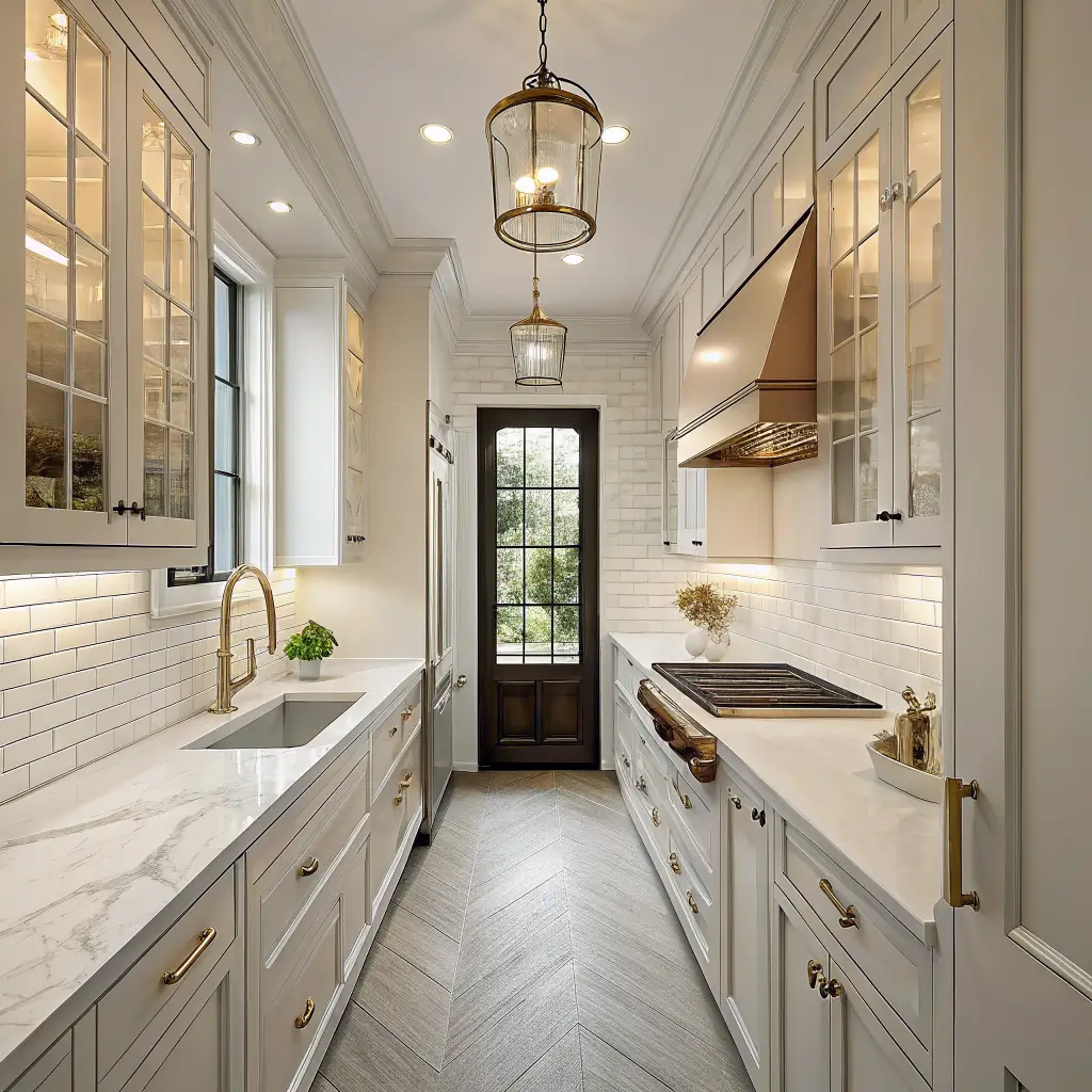 Photorealistic small neoclassical galley kitchen with cream shaker cabinets, brass pulls, marble-look quartz counters, brass bridge faucet under a tall window, brass lantern, pale oak floor runner, and warm morning light in a symmetrical one-point perspective.