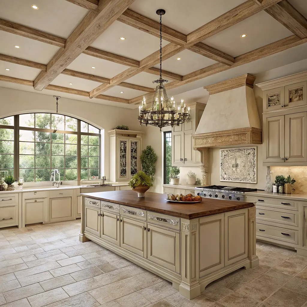 Photorealistic neoclassical French-country kitchen with ivory cabinets, reclaimed oak island, limestone counters, plaster range hood, and flax roman shades in warm afternoon light.