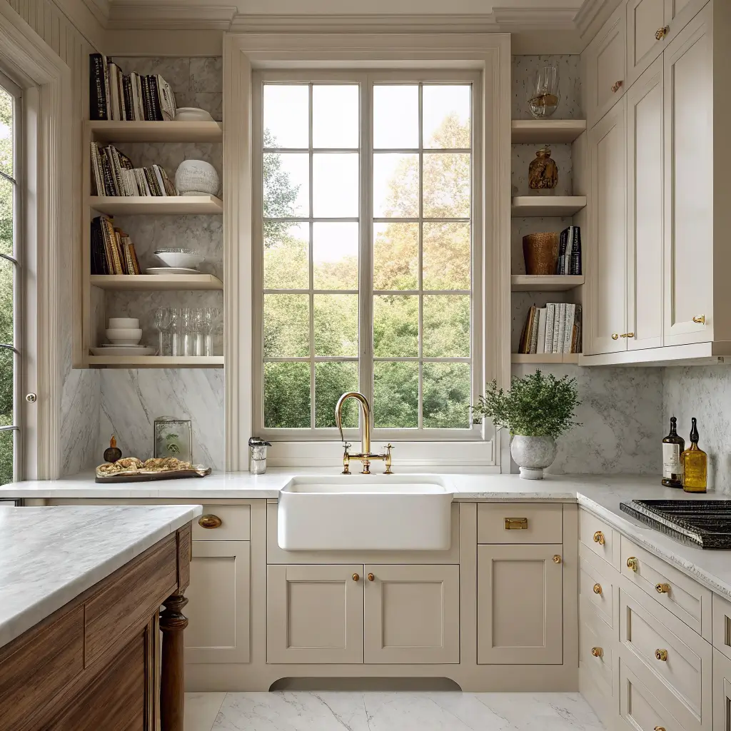 Symmetrical neoclassical kitchen shelves flanking a tall window, styled with brass urns, cream porcelain, small gilt-framed painting, and marble counter with brass faucet.
