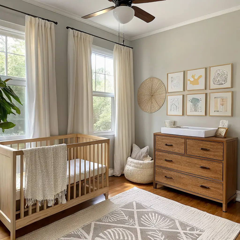 Early-stage nursery with boxed oak crib on drop cloth, paint swatches and plans by a greige accent wall, walnut dresser and plastic-wrapped boucle glider, sunlit by an east-facing window with sheer linen drapes.