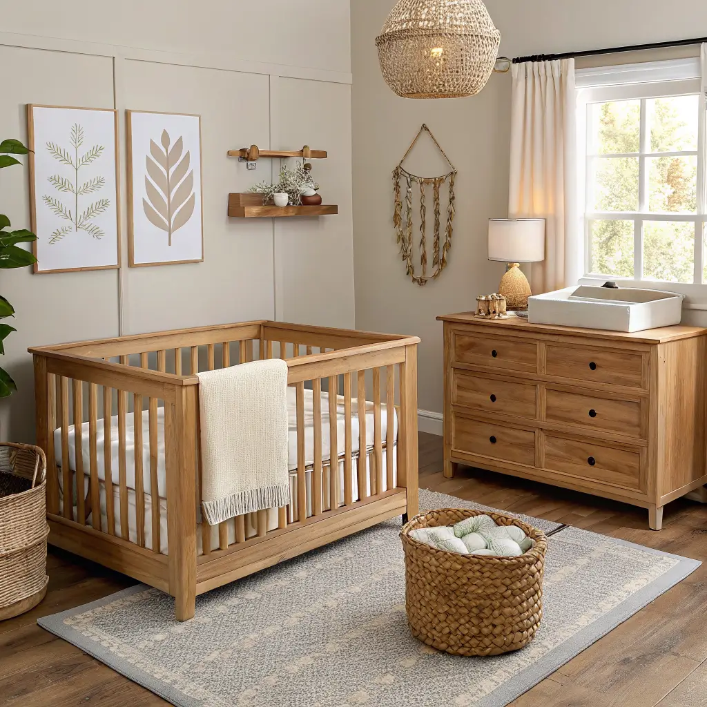 Overhead flat-lay view of a warm greige nursery with oak convertible crib, cream glider, walnut dresser with ivory changing tray, oatmeal rug, wicker basket, brass lamp, botanical print, and muslin swaddles in soft daylight.
