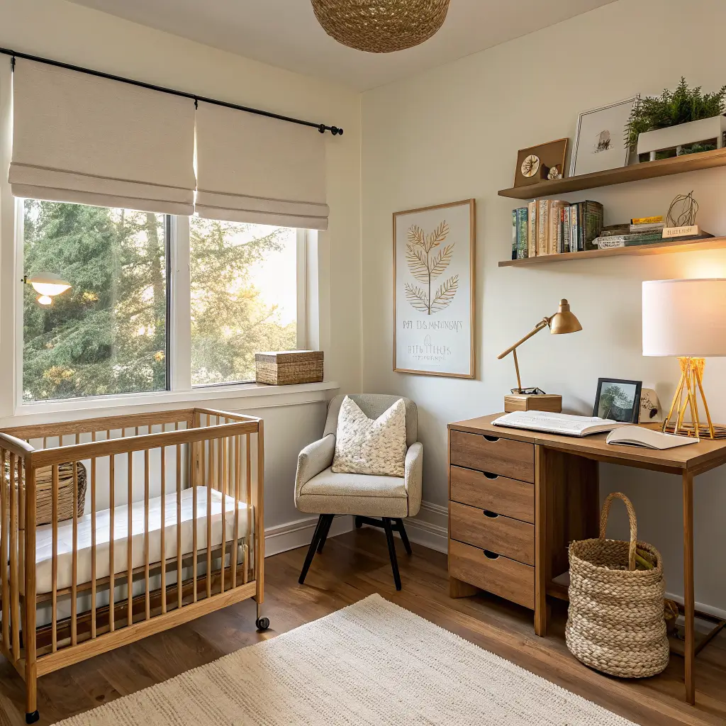 Photorealistic 8x10 nursery converted from a home office, with an oak mini-crib, walnut desk changing station, cream boucle glider, brass floor lamp, and floating shelves in warm late-afternoon light.