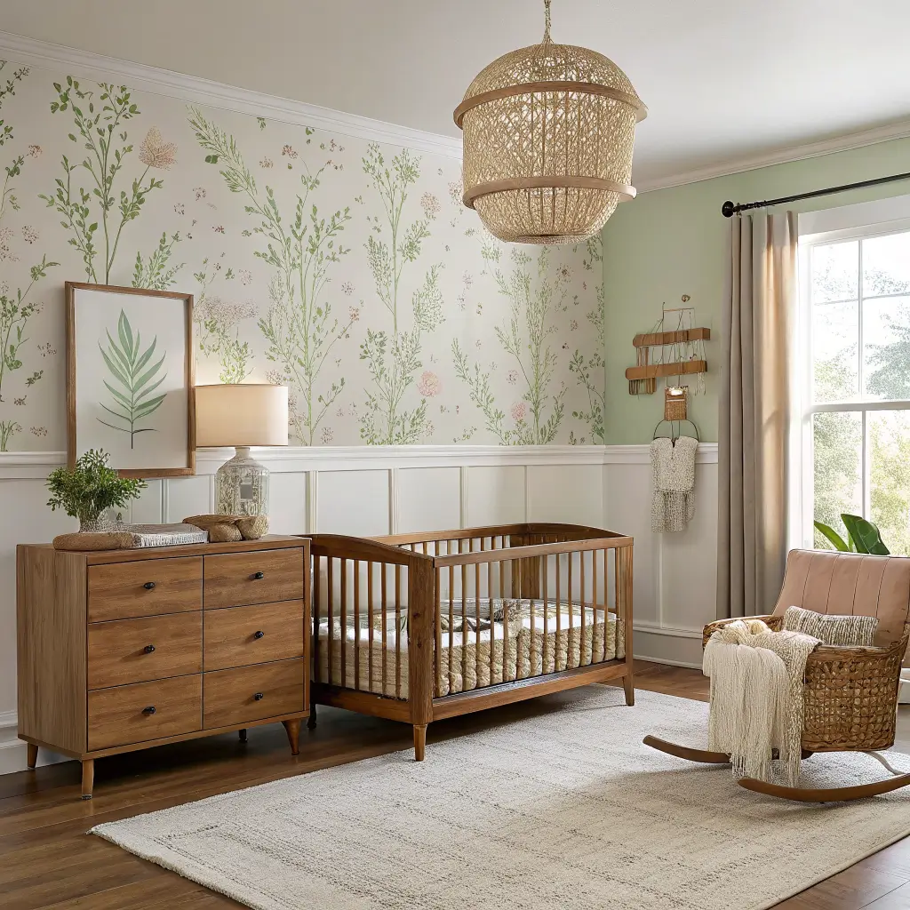 Photorealistic nursery with oak convertible crib against sage-and-cream botanical accent wallpaper, warm greige walls, cream boucle glider, brass floor lamp, walnut dresser with ivory changing tray, and soft terracotta accents in gentle morning light.