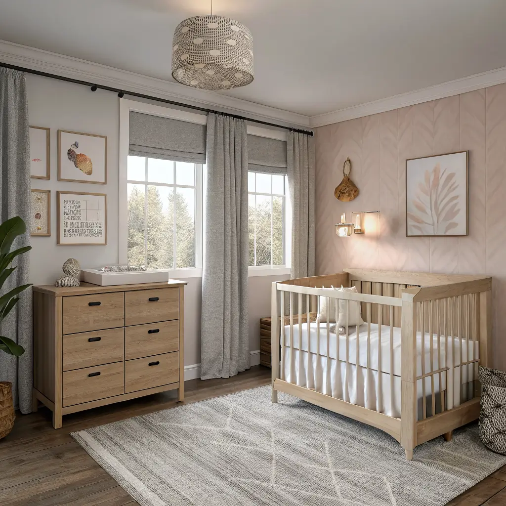 Photorealistic nursery with greige walls and blush ceiling, light oak crib centered under soft diffused morning light, cream boucle glider, walnut dresser, and muted abstract art above.