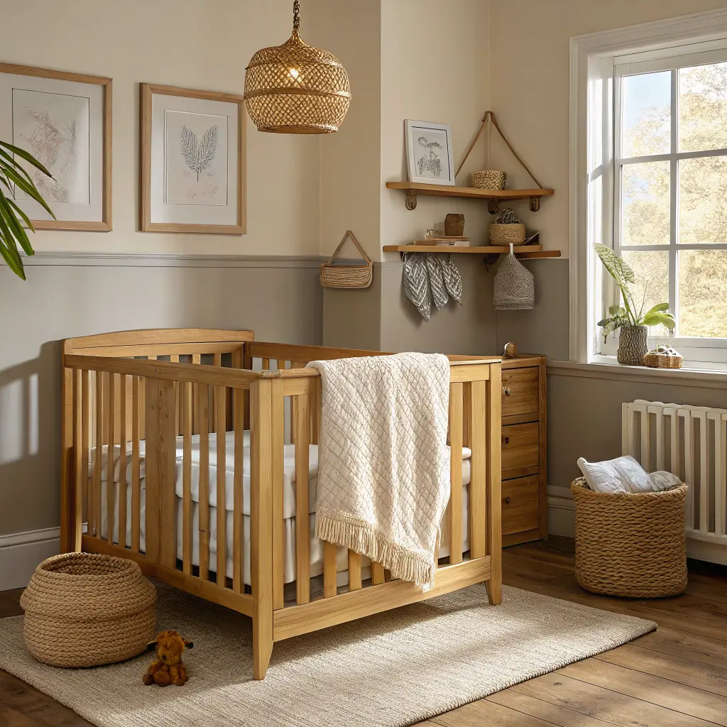 Photorealistic golden-hour nursery crib corner with a light oak convertible crib, oatmeal muslin sheet, folded cream knit throw, and a wicker-and-brass mobile above, against a warm greige wall with a small oak shelf holding board books and a tiny vase of dried grass.