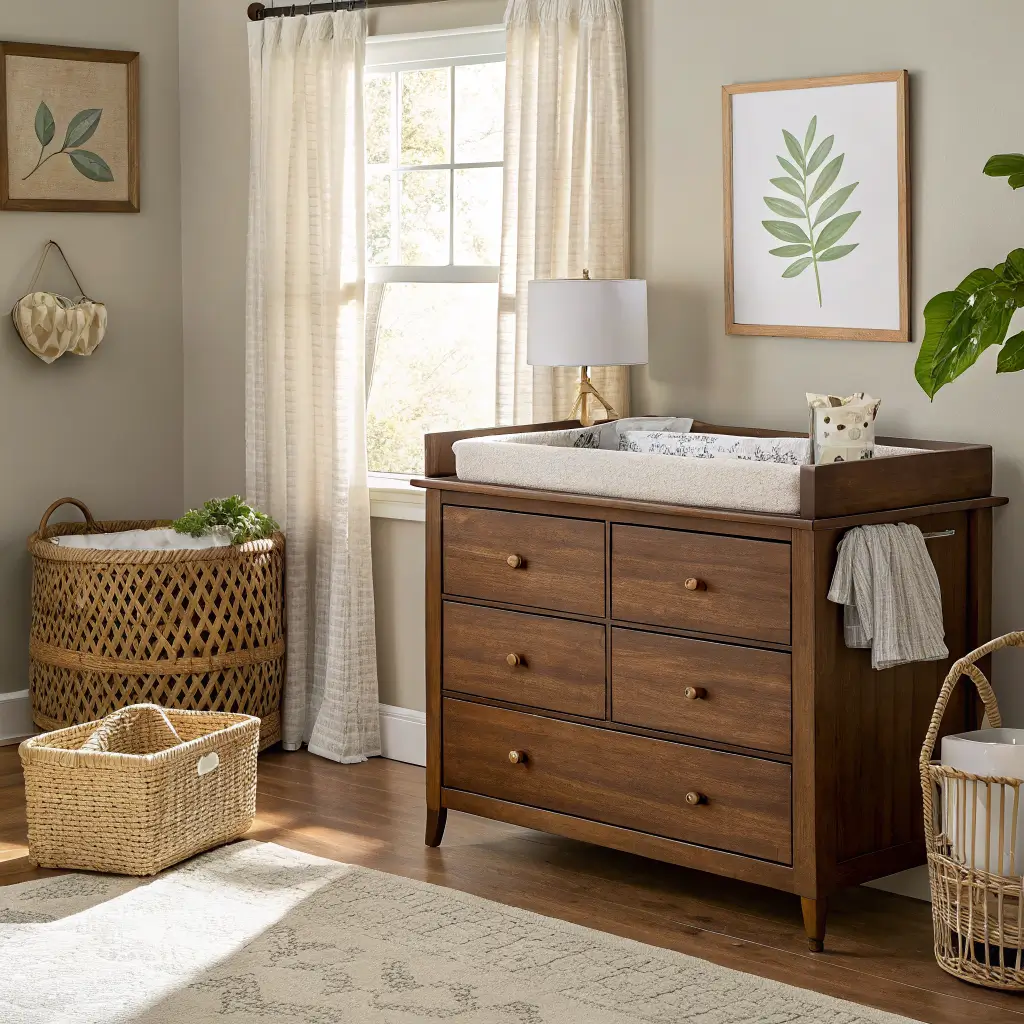 Walnut six-drawer dresser with ivory changing tray in a warm greige nursery, softly lit by mid-morning window, styled with brass lamp, woven tray, botanical print, and wicker laundry basket.