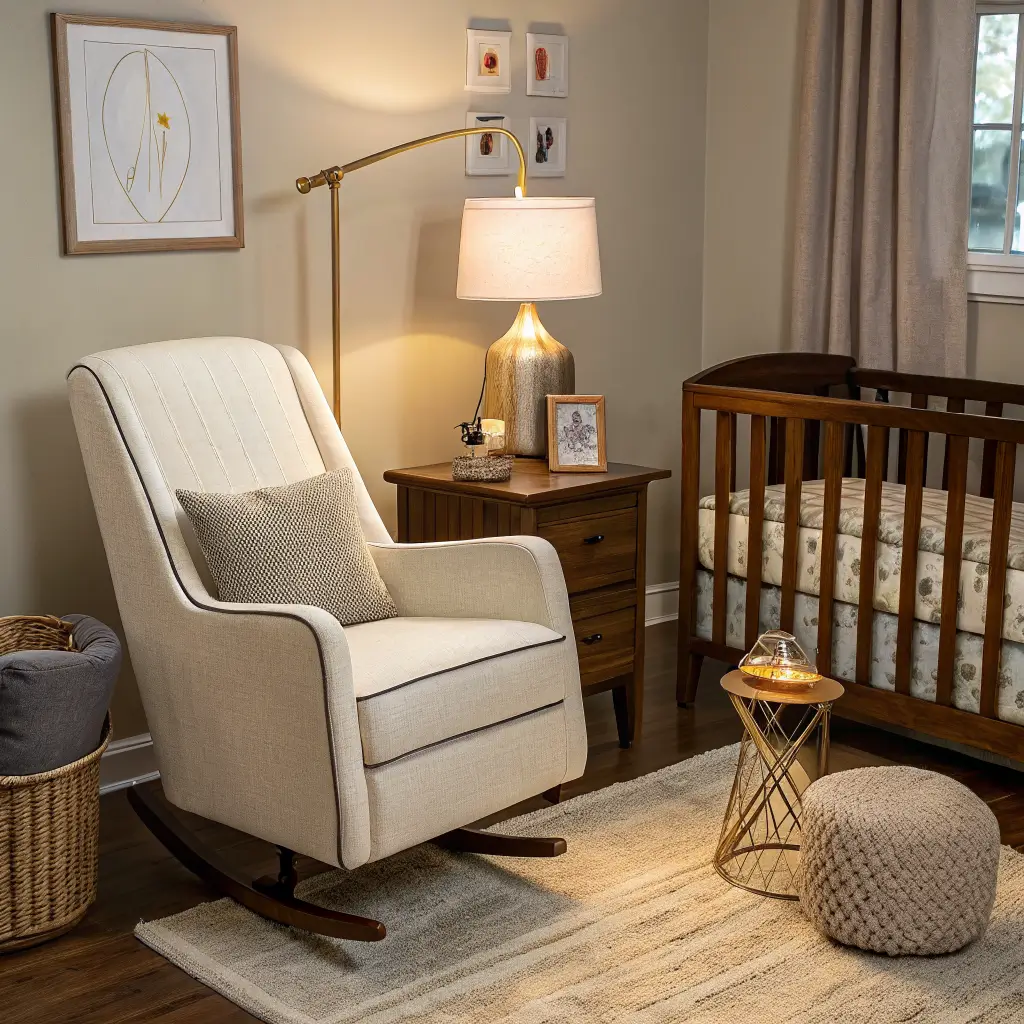 Photorealistic 2 a.m. nursery feeding corner with cream boucle glider, walnut side table, dim brass lamp, soft nightlight by dresser, oatmeal rug, and terracotta throw in warm greige shadows.