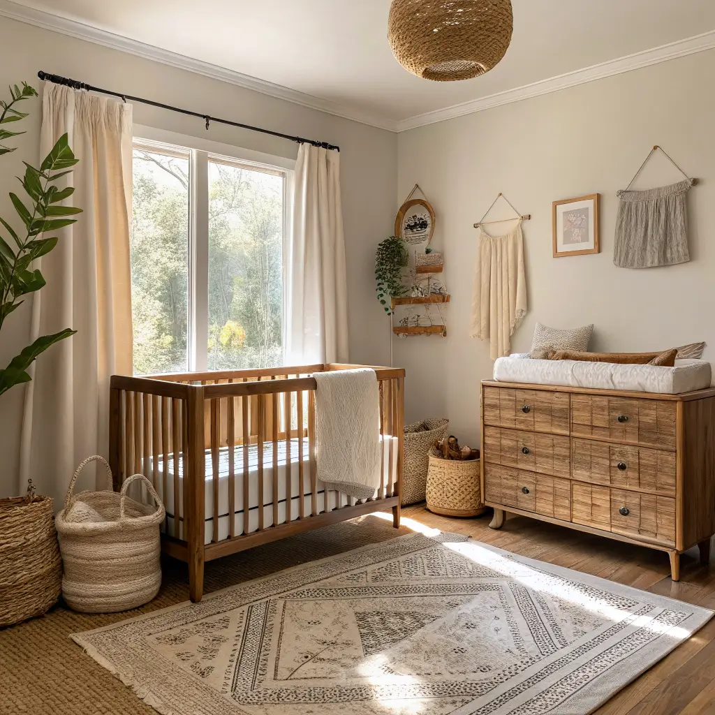 Photorealistic soft boho nursery with light oak crib, cream boucle glider, walnut dresser with changing tray, layered jute and oatmeal rugs, wicker baskets, and woven wall hanging in warm greige late-morning light.