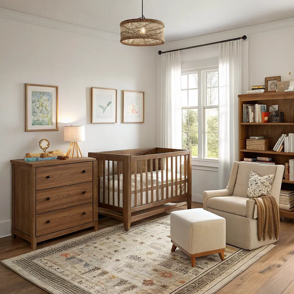 Photorealistic nursery in transition: oak crib converting to toddler bed, walnut dresser with brass lamp, boucle reading chair with floating bookshelf, oatmeal rug and ochre accents in warm afternoon light.