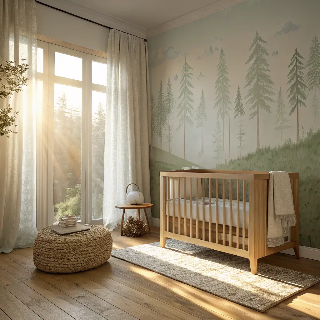 Photorealistic modern rustic baby boy nursery with a natural wood crib, sage woodland wallpaper, cream boucle glider, and warm golden-hour sunlight on light oak floors.
