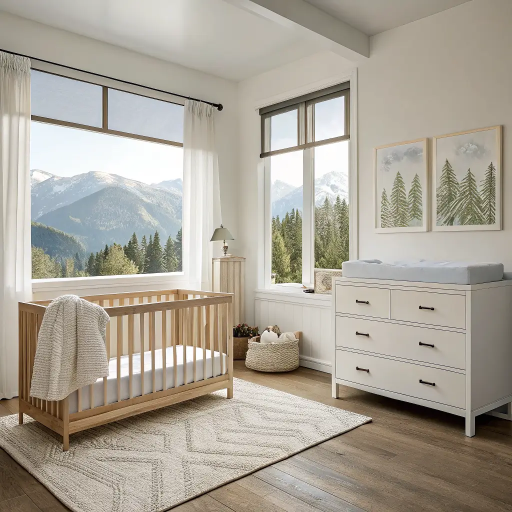 Photorealistic Scandi-neutral nursery with birch crib, ivory wool rug, dove grey glider, walnut side table, and morning light through an east-facing window with half-raised white roman shades.
