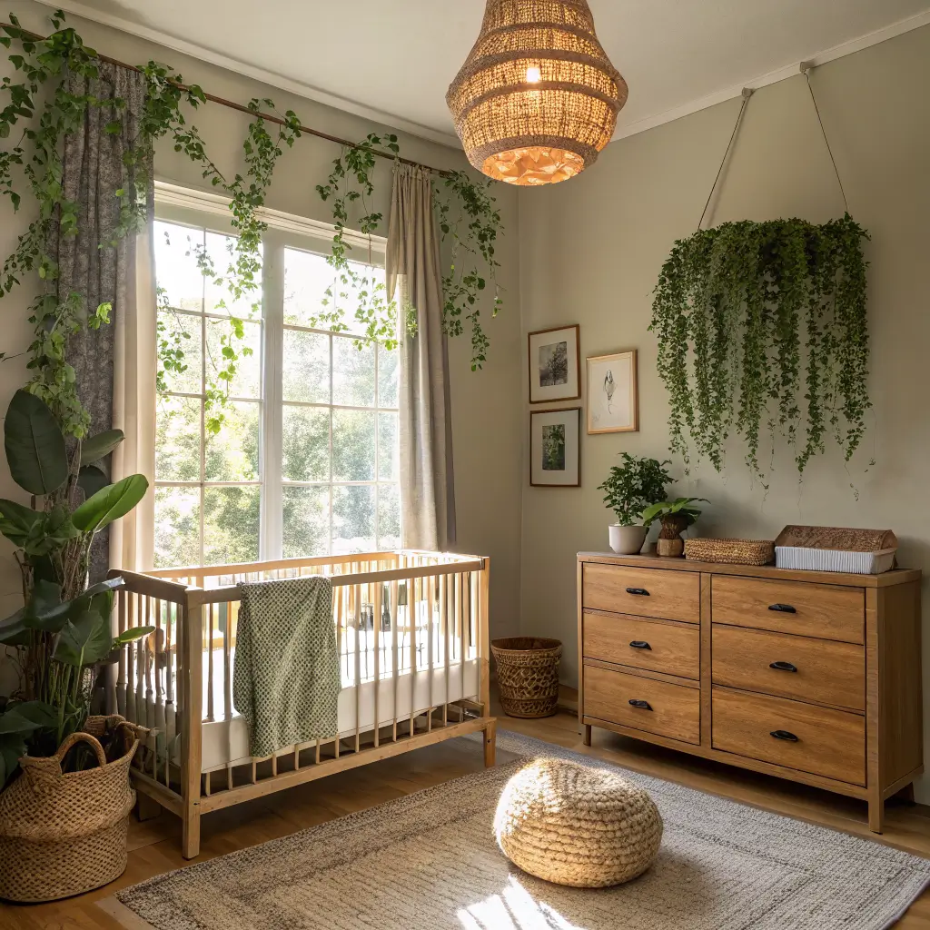 Photorealistic boho nursery with warm greige walls, oak floors, natural wood crib under a rattan pendant light, olive crib sheet, cane-front walnut dresser with changing pad and pothos, and jute rug in dappled late-morning light.