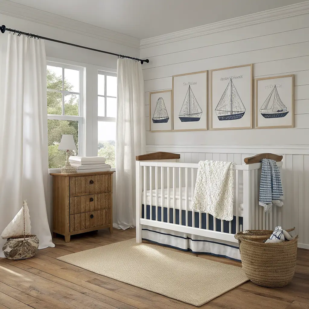 Photorealistic nautical baby boy nursery with oak crib on muted navy accent wall, three framed sailboat sketches, cream glider, rope lamp, striped rug, and soft daylight through linen curtains