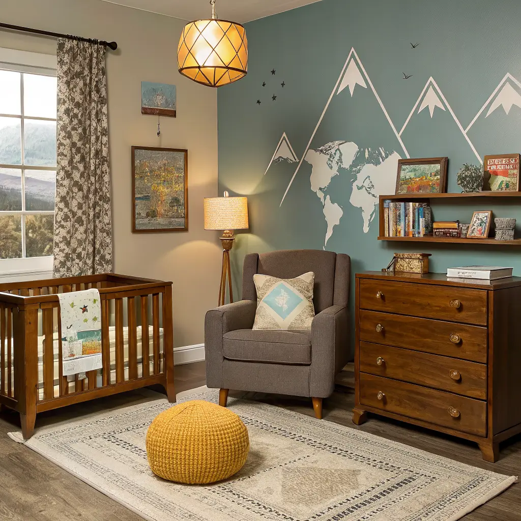 Photorealistic mountain-adventure themed nursery with oak crib against greige wall with teal and charcoal mountain decals, rust linen glider and mustard throw, walnut bookshelf and nightstand with brass lamp, warm evening light.