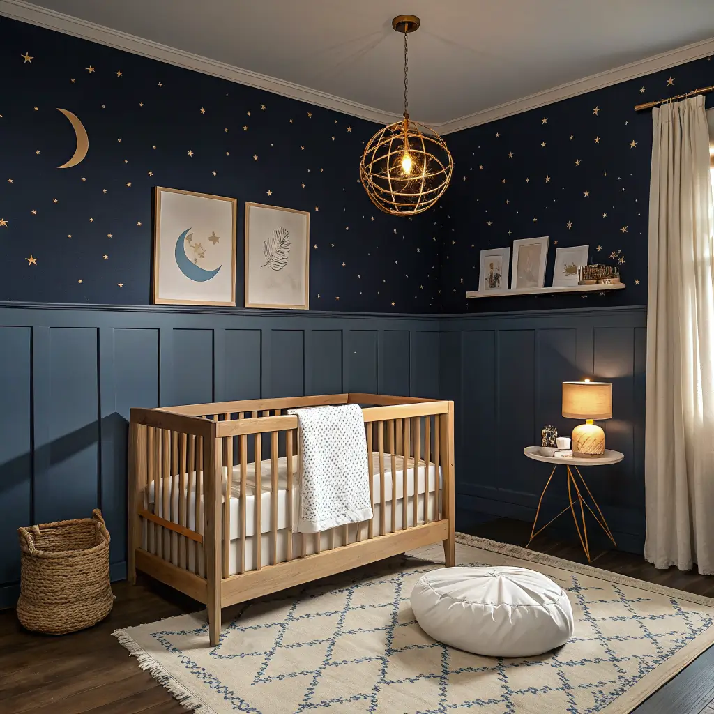 Photorealistic celestial nursery at blue hour with a navy accent wall, oak crib under a warm brass pendant, subtle star projector on the ceiling, cream boucle glider with walnut side table and amber lamp, and an ivory rug.