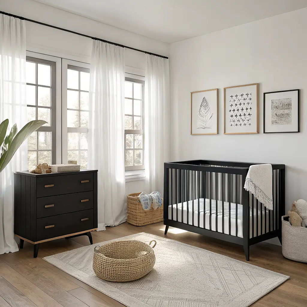 Black-and-white modern nursery with oak floors, black slatted crib, walnut dresser with abstract prints, cream boucle glider, ivory rug, and bright diffused daylight through sheer curtains.