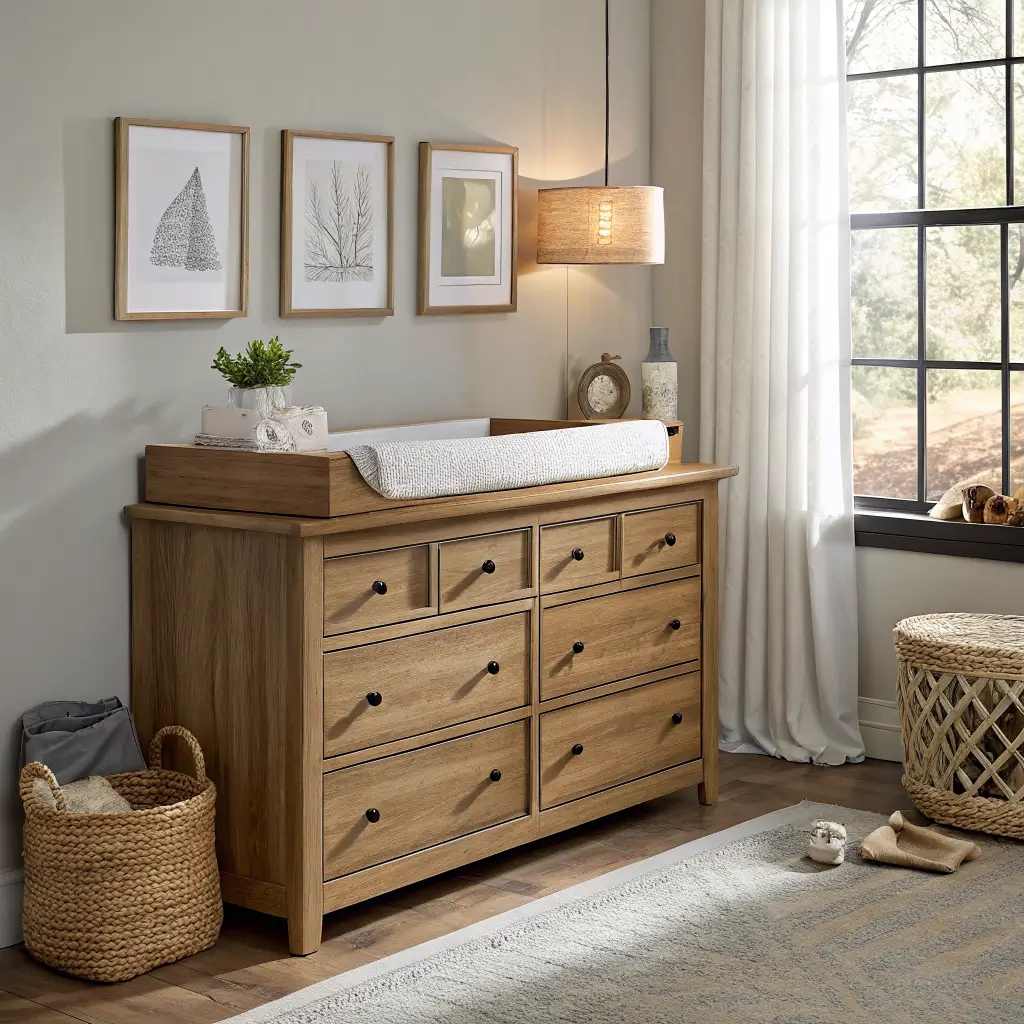 Photorealistic nursery changing station on an oak dresser with linen pad, seagrass caddy, terracotta pampas vase, warm brass lamp, and three minimalist prints above in soft window light.
