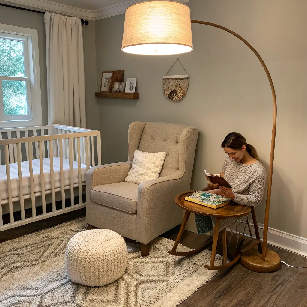 Boho-neutral nursery reading corner at dusk with cream boucle glider, walnut side table and warm lamp, rattan pendant, layered jute and vintage rug, and oatmeal throw on ottoman.