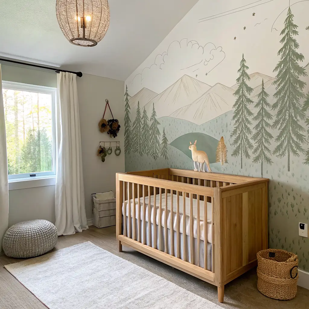 Overhead-angled view of a modern rustic nursery with a hand-drawn sage and cream woodland peel-and-stick accent wall behind a centered oak crib, soft daylight from the left.