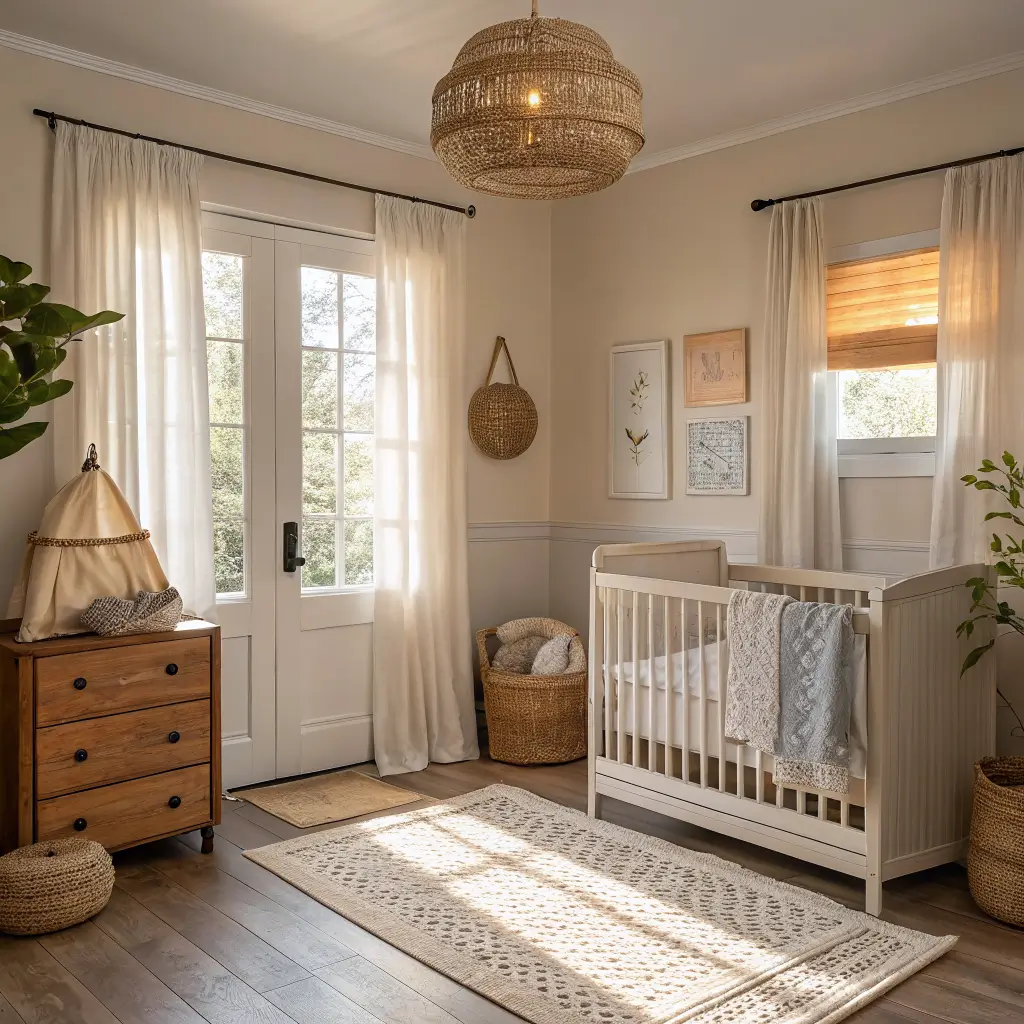 Photorealistic 12x12 nursery with warm sunlight through linen curtains, light oak crib, cream boucle glider, oatmeal rug, rattan pendant, woven baskets, pampas in terracotta vase, and botanical print.
