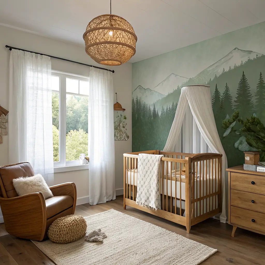 Photorealistic baby boy nursery with oak crib on forest‑green mountain mural wall, cognac leather glider with cream knit throw, rattan pendant, wool rug, and wooden bear night light in soft morning light.