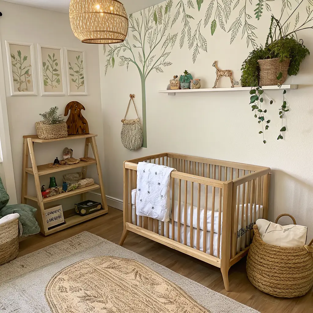 Overhead 45-degree view of a cream-and-moss woodland nursery with oak crib, forest animal decals, rattan shelf, oat rug, wooden glider with knit throw, felted mobile, and glowing mushroom lamp in warm golden-hour light.