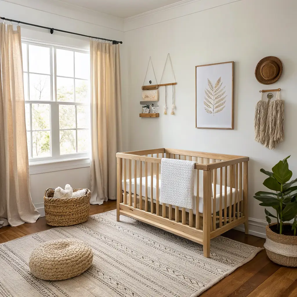 Photorealistic Scandi nursery corner with light oak convertible crib, ivory sheet, jute wall hanging, cream wool rug, rattan basket of muslin swaddles, and oatmeal linen curtains in soft daylight.