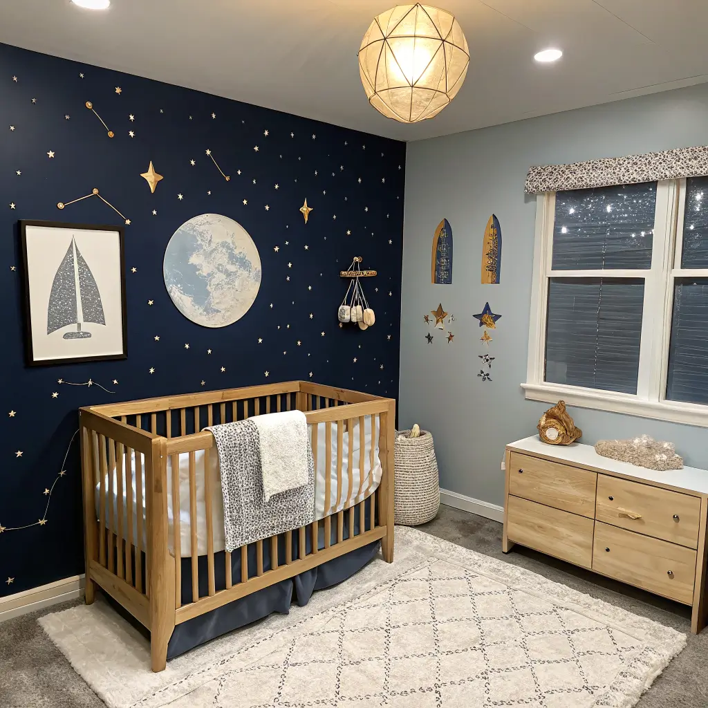 Photorealistic twilight baby boy nursery with starry-night theme, navy feature wall behind oak crib, constellation ceiling stickers, brass moon print and sconce over oatmeal glider, felt rocket mobile, oat rug, and dresser with star projector.