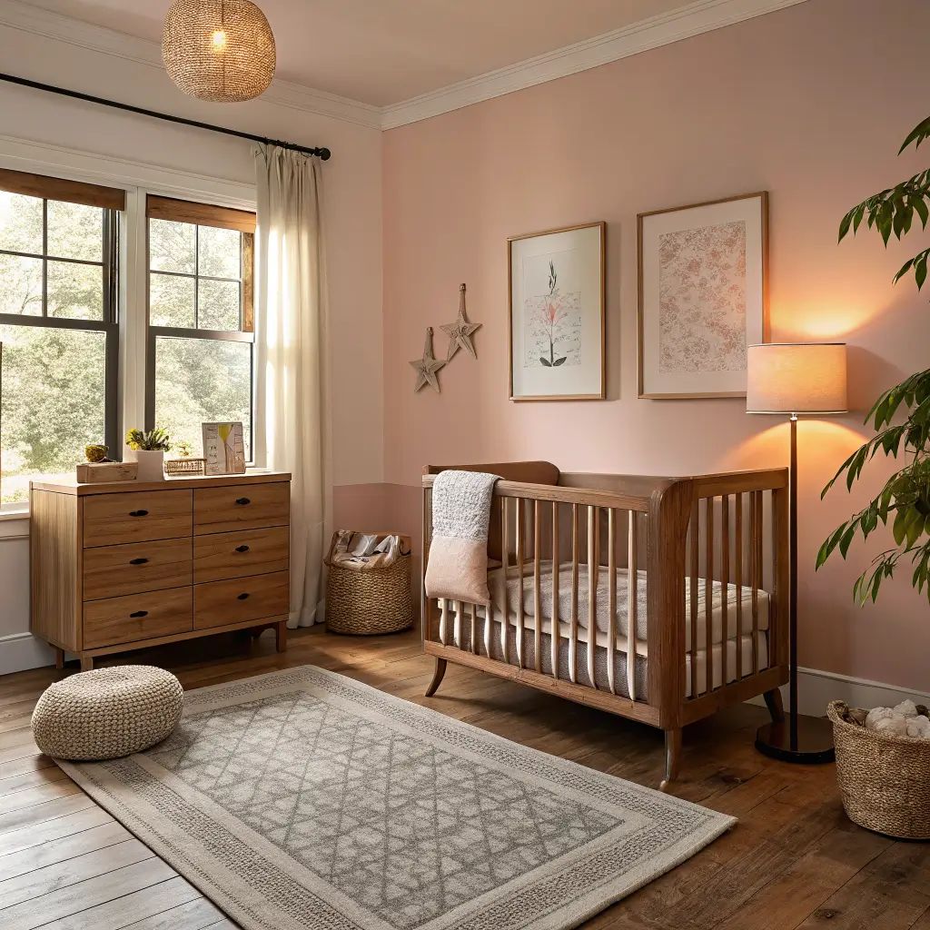Photorealistic budget-friendly nursery with warm amber light on a dusty rose accent wall behind a light oak crib, linen glider, cream-and-clay rug, mid-walnut changing dresser with sage pad, and ceramic lamp glow.