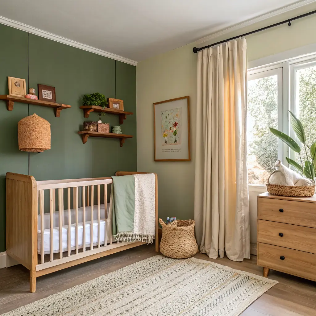 Photorealistic nursery with warm white walls, forest green accent wall behind crib, light oak floating shelves with toys and books, ivory linen curtains, oatmeal rug, and rattan lampshade in even midday light.