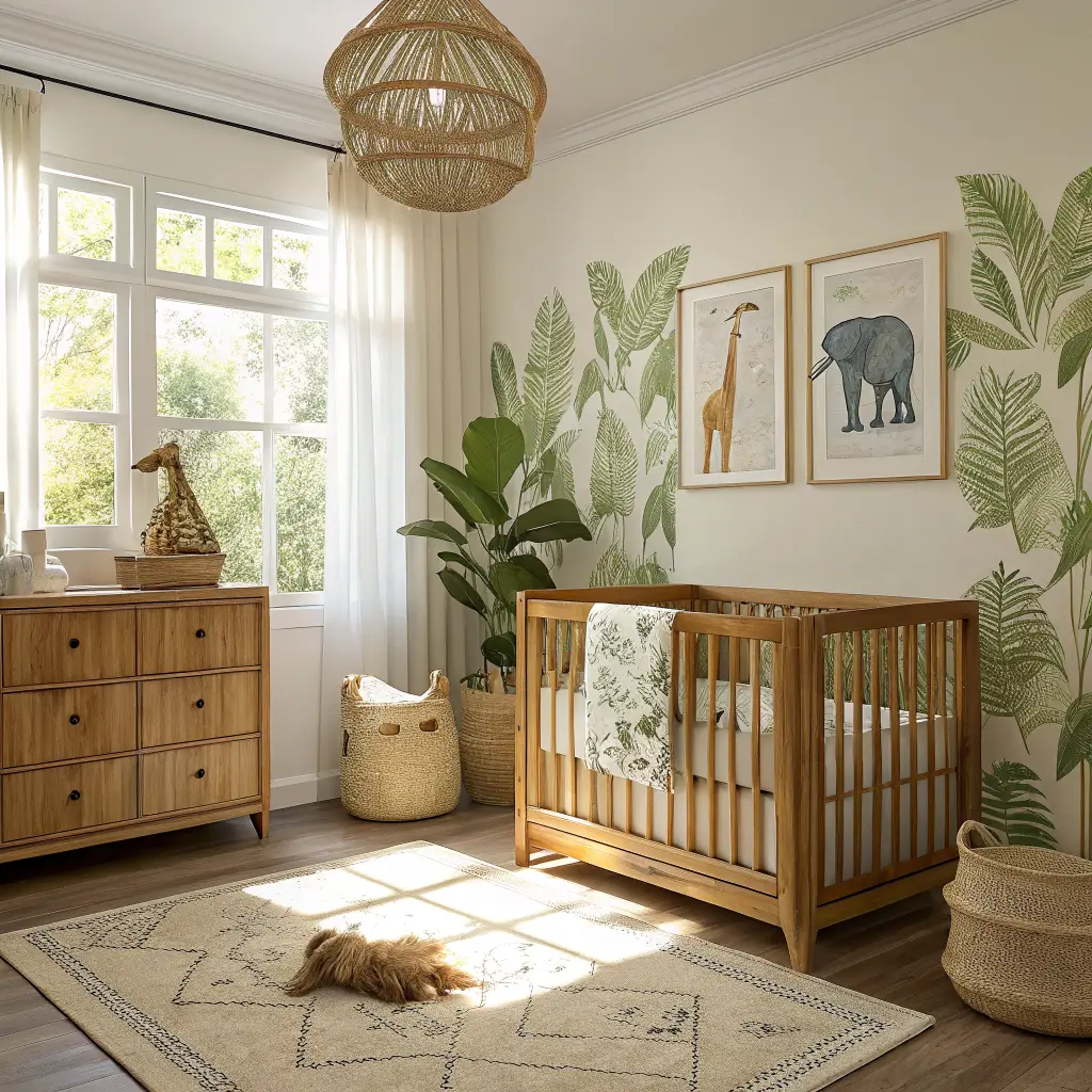 Sunlit safari-jungle nursery with tropical leaf wallpaper, natural oak crib, jute rug, vintage animal prints, bird-of-paradise plant, and cognac leather glider in warm earthy tones.
