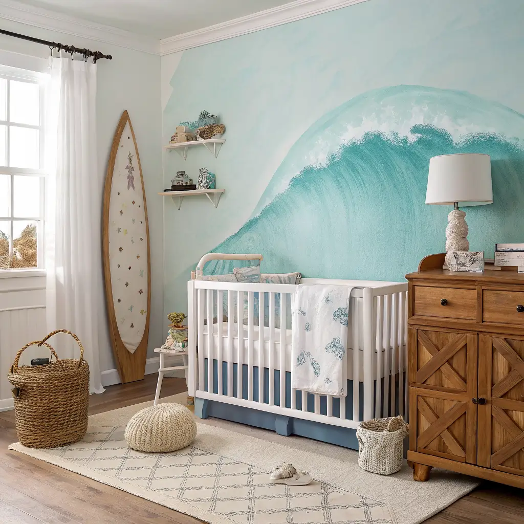 Photorealistic coastal surfer-themed nursery with ombre seafoam-to-cream wall behind a white crib, surfboard shelf, rope lamp on wood dresser, boucle glider, striped rug, and sheer linen curtains in soft morning light.