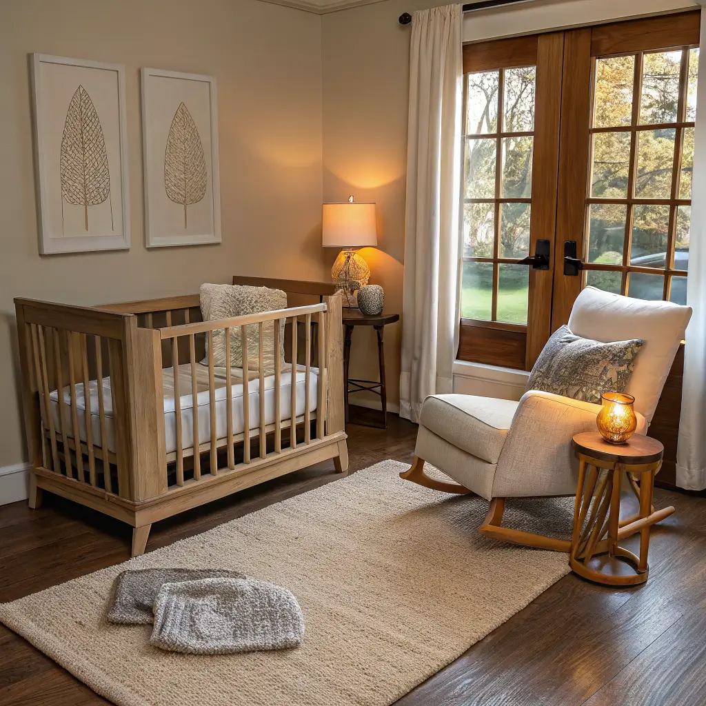 Photorealistic nursery vignette with light oak crib, cream boucle glider, and oatmeal wool rug under warm amber lamp and rattan pendant light.
