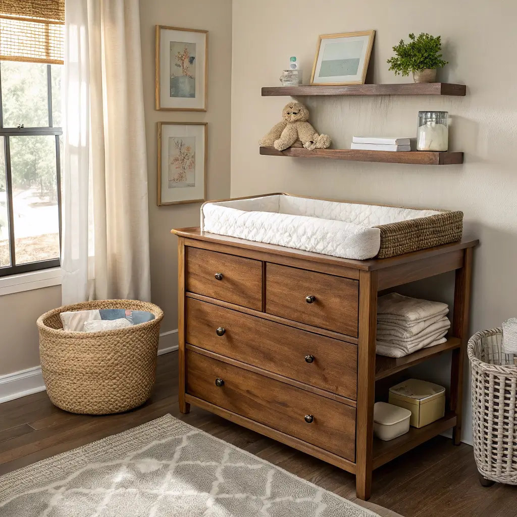 Photorealistic nursery with a mid-walnut dresser changing station, ivory contoured pad in a woven tray, rattan basket of wipes and cream jar, two floating oak shelves, amber night light, and window with blackout blind and linen curtains in soft morning light.