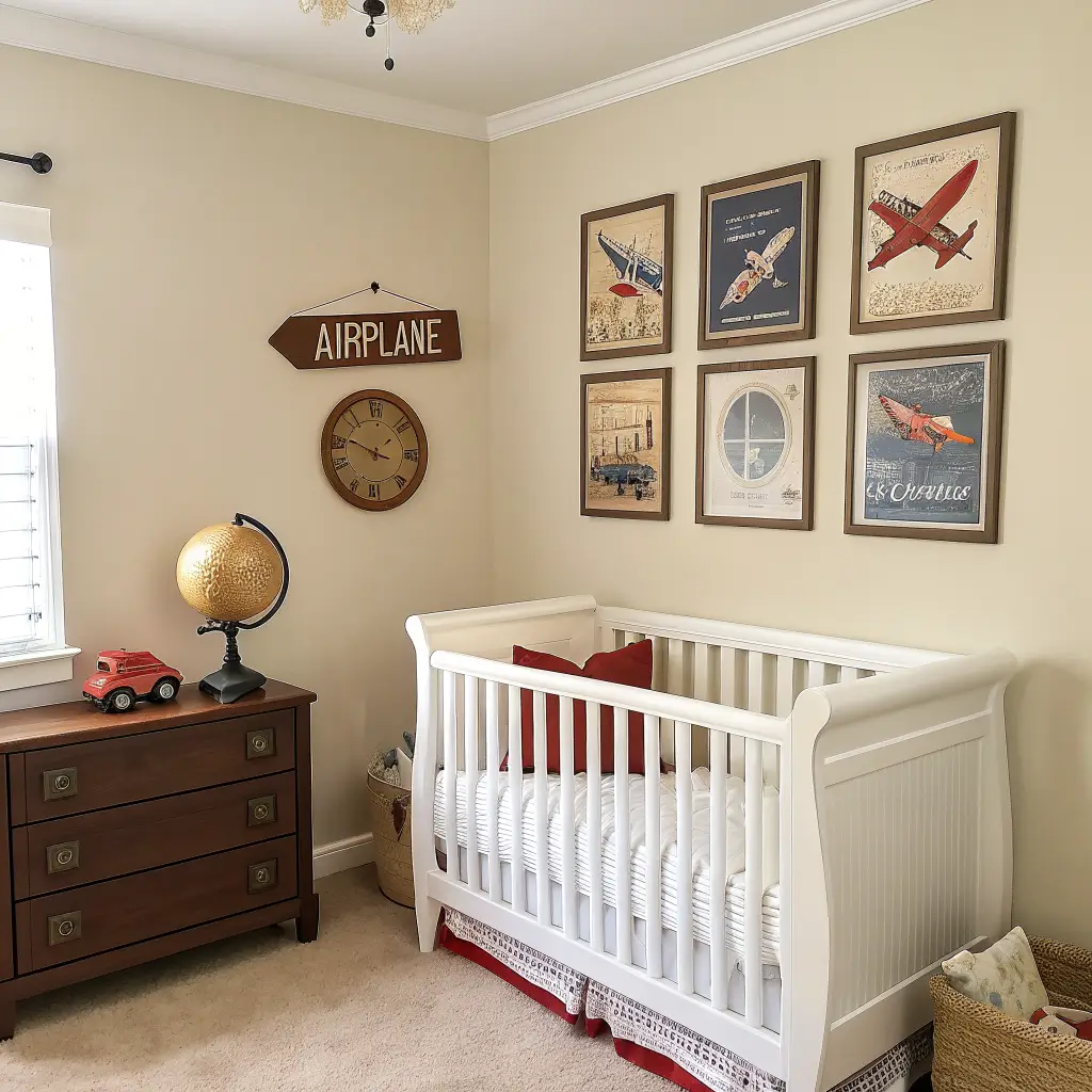 Photorealistic vintage transport-themed nursery with white crib under a wooden airplane name cutout, gallery wall of three muted travel posters, oak shelves with brass globe and toys, warm oak dresser, striped bedding, oat rug, and cognac leather glider in warm midday light.