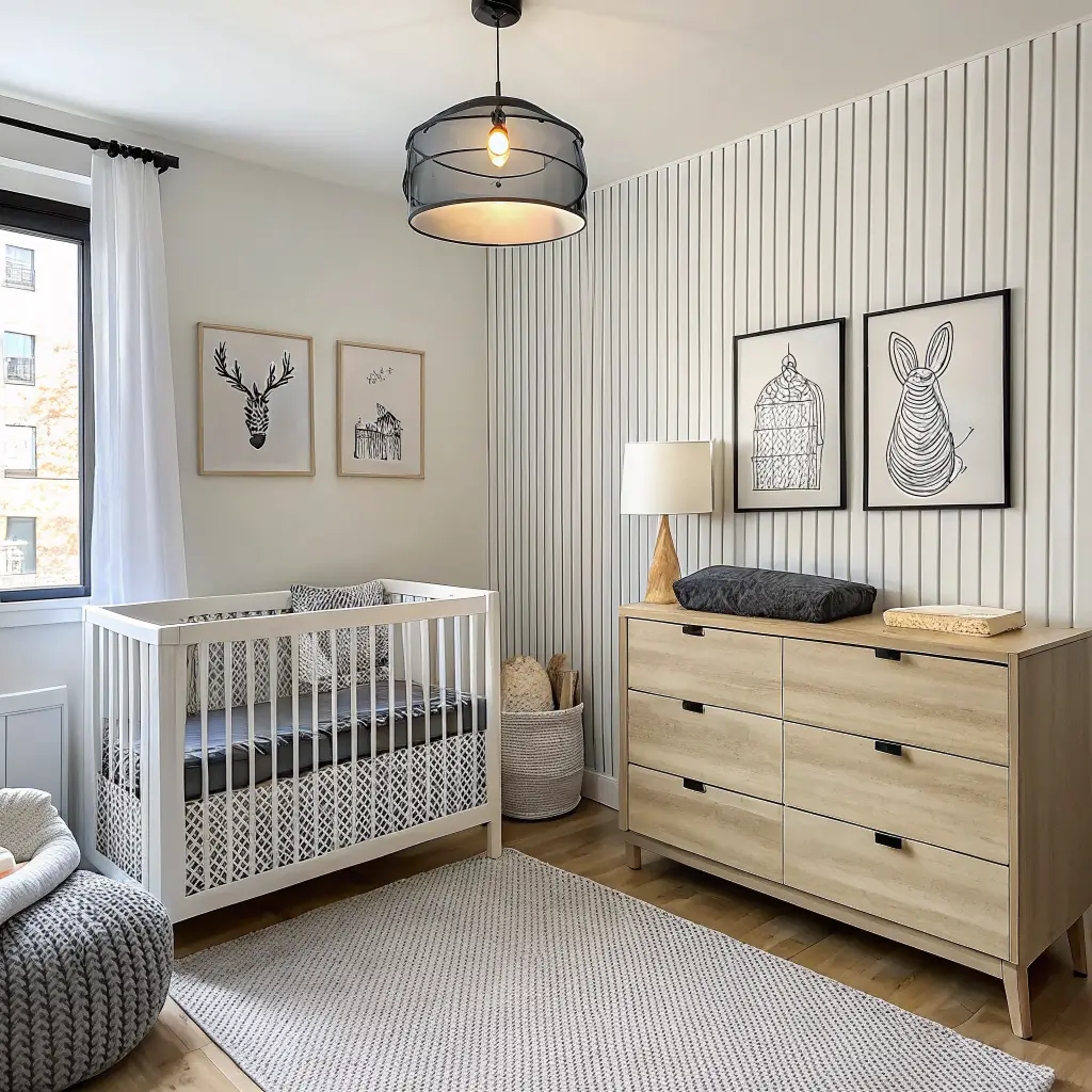 Monochrome-modern nursery corner with striped wall behind white crib, light oak dresser, camel boucle glider, gray loop rug on pale oak floors, and matte-black pendant in soft daylight.