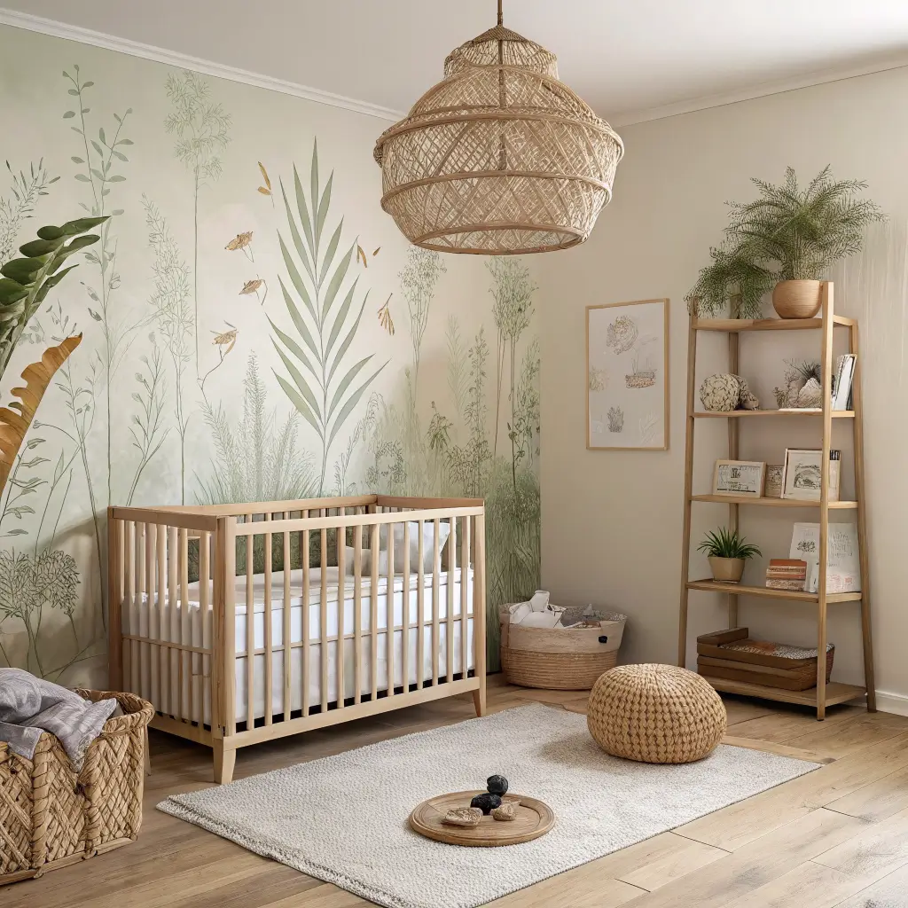 Photorealistic nursery with light oak crib against sage-and-cream botanical mural, off-center rattan pendant, floating oak shelves with toys and books, and oatmeal wool rug in warm golden-hour light.