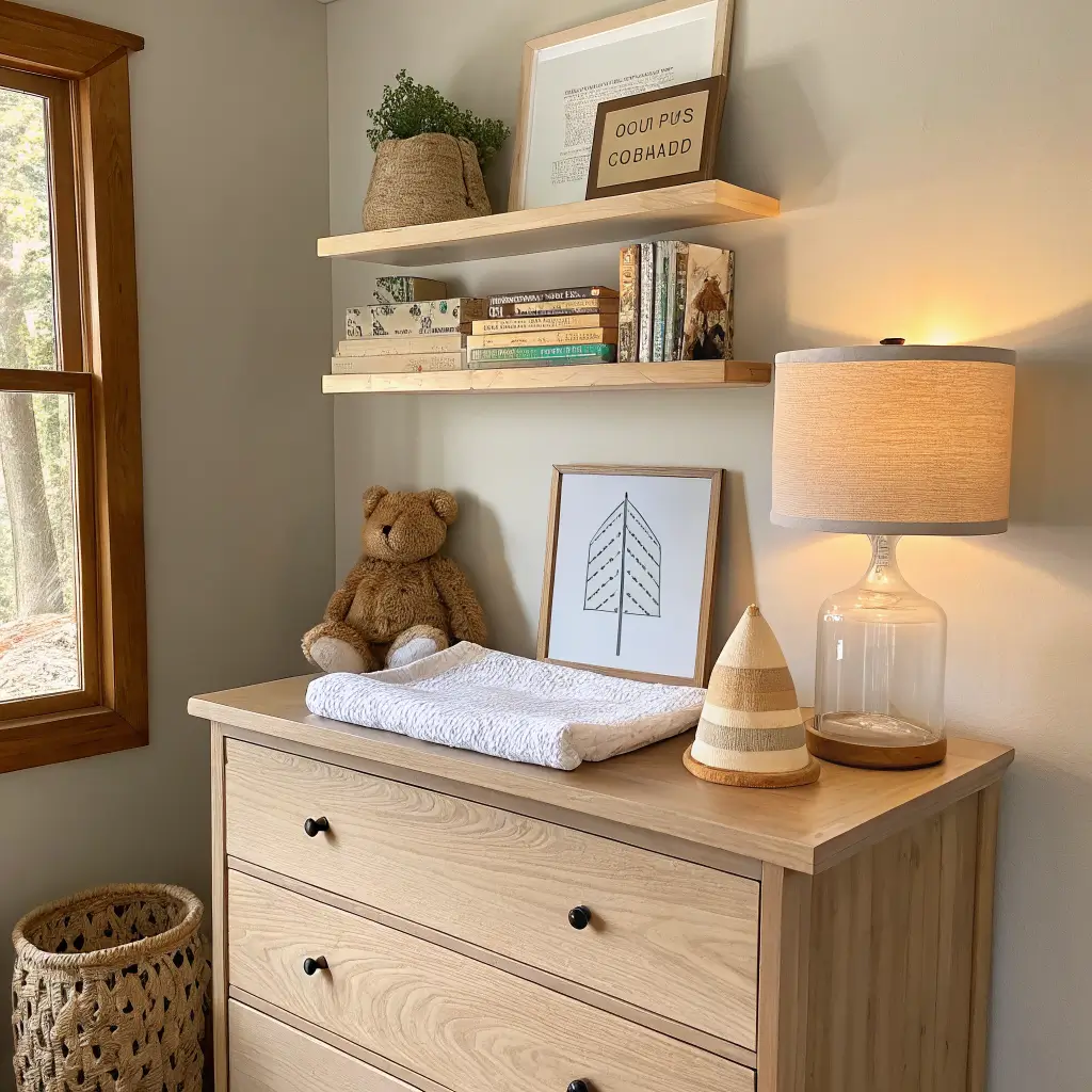 Warm, photorealistic nursery vignette with a light-oak floating shelf holding a felt bear, two linen books, wooden mountain, and framed botanical print, above a light-wood dresser with a ceramic mushroom lamp, oat muslin swaddle, and rattan tray with wooden rattle on a cream wall.