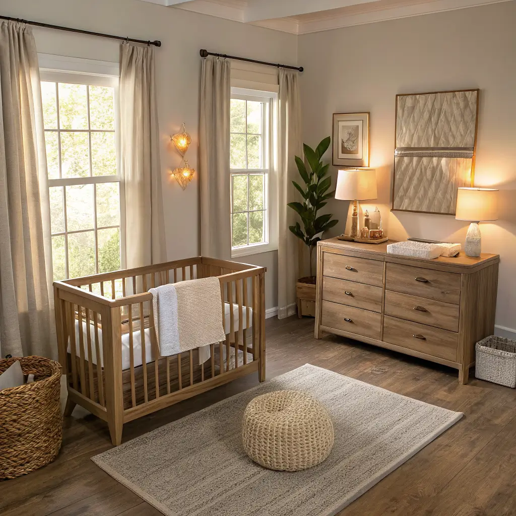 Photorealistic 12x12 nursery from high corner angle, with light oak crib at left, cream boucle glider and lit side table lamp in center, and walnut changing dresser at right in warm late-afternoon light.