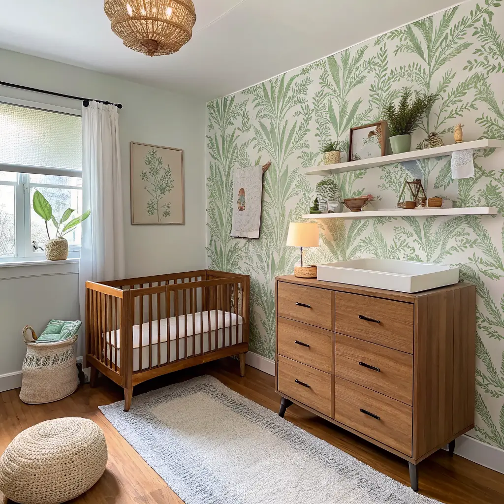 Photorealistic compact rental-friendly nursery with sage botanical wallpaper behind a light oak crib, mid-walnut dresser with changing pad, cream rocker under swing-arm lamp, floating shelves, woven door organizer, and oatmeal wool rug.