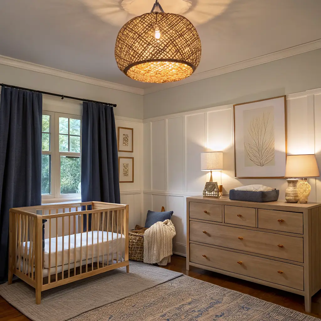 Wide-angle photorealistic nursery at early evening with layered lighting: warm rattan pendant, brass reading sconce over oat wool glider, and ceramic moon night light by light-oak dresser; natural oak crib against matte navy wall, cream linens, oat rug, and partially closed white blackout curtains.