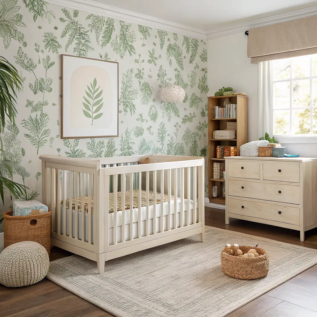 Photorealistic toddler nursery refresh with low toddler bed on sage botanical wallpaper wall, cream boucle glider with knit throw, oatmeal rug, and light oak reading nook with low bookshelf, terracotta floor cushion, and small play table, viewed wide-angle from doorway in warm late-morning light.