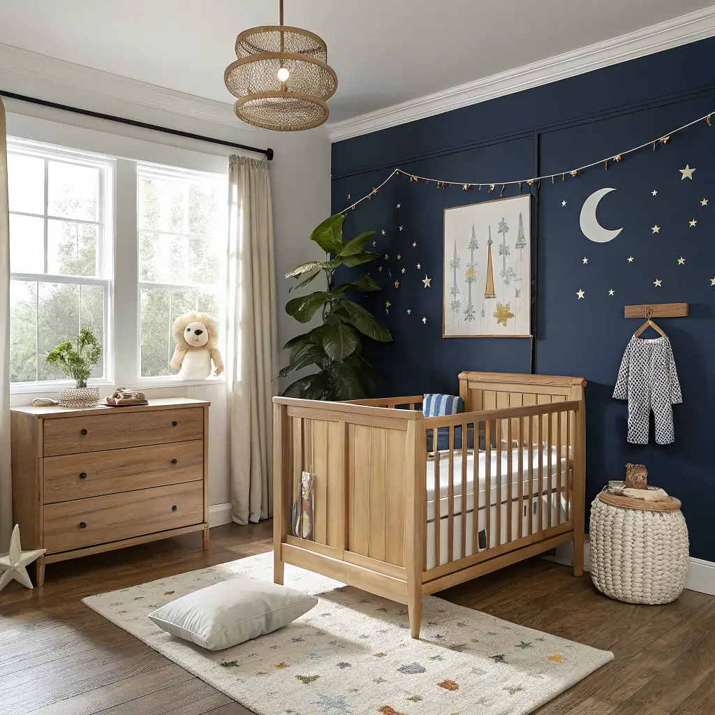 Photorealistic wide view of a navy-and-oak transitional nursery to toddler room with star-sheeted crib, solar-system felt mobile on side table, hanging pothos plant, moon-phase art above an oat boucle glider, light-oak dresser with rocket toy and brass sconce, and an oat wool rug in soft daylight.