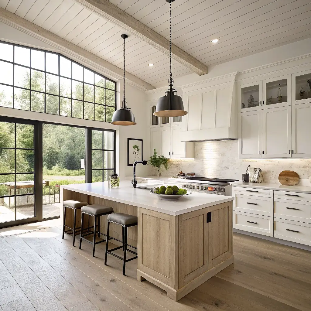 Photorealistic modern organic kitchen with white oak shaker cabinets, greige quartz island with green pears, matte black pendants, and a large steel-framed window casting soft late-morning light.