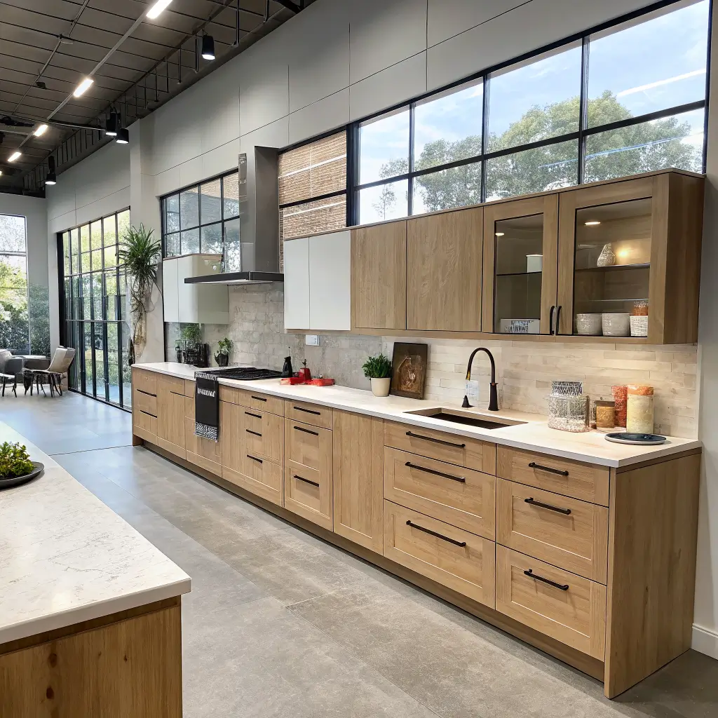 Side-by-side kitchen vignette comparing white oak slab cabinets and red oak shaker cabinets with matte black pulls, greige quartz counters, and concrete floors in cool morning light.