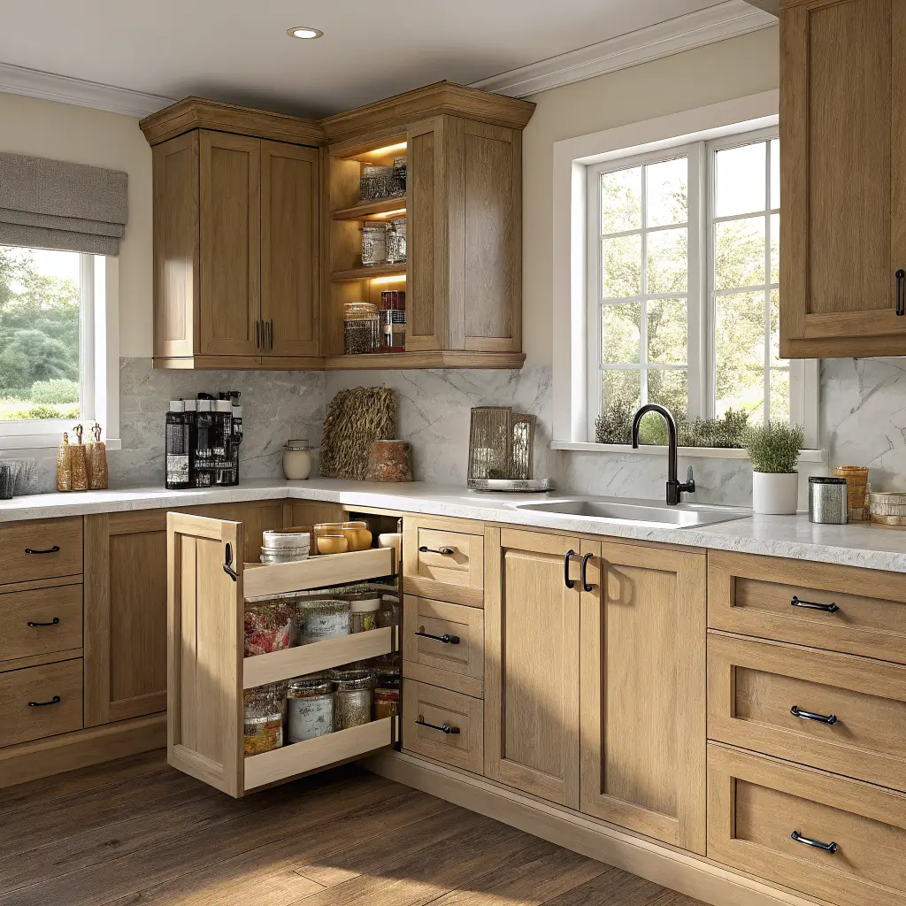 Photorealistic white oak shaker kitchen corner with an open soft-close drawer showing pull-out organizers, honed Calacatta quartz countertop, and warm golden afternoon light.