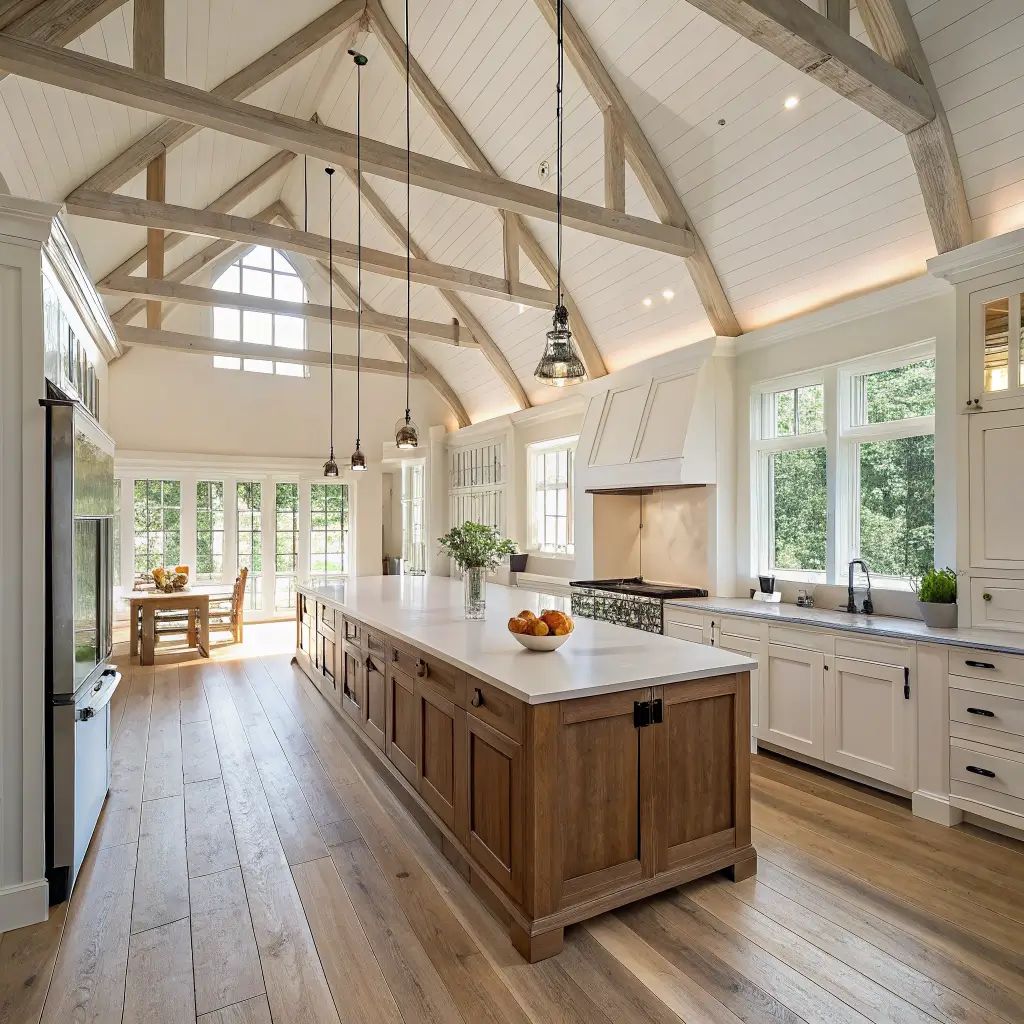 Photorealistic open-plan oak kitchen with a long island, white-beam vaulted ceiling, floor-to-ceiling oak cabinets, trio of black pendants, and morning light through steel-framed windows.