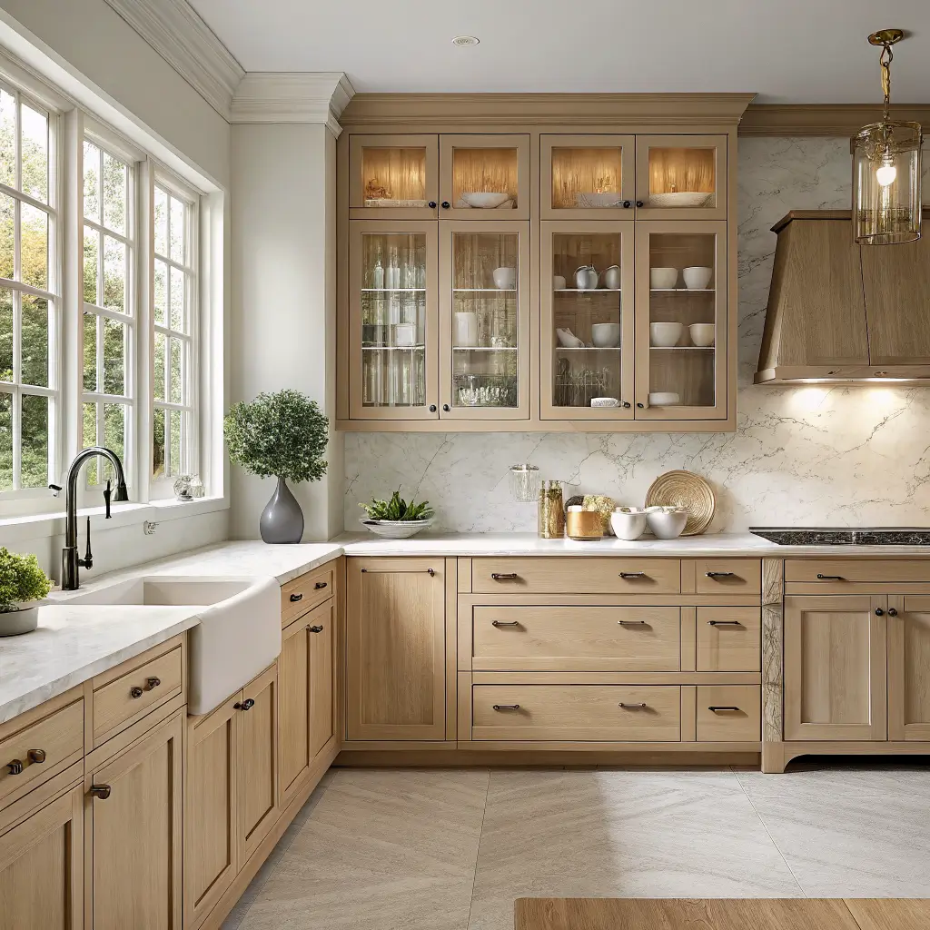 Photorealistic kitchen close-up with rift-cut white oak cabinets, glass-front uppers with neutral dishware, Calacatta-style quartz counter, off-white zellige backsplash, brass pulls, and soft midday light.